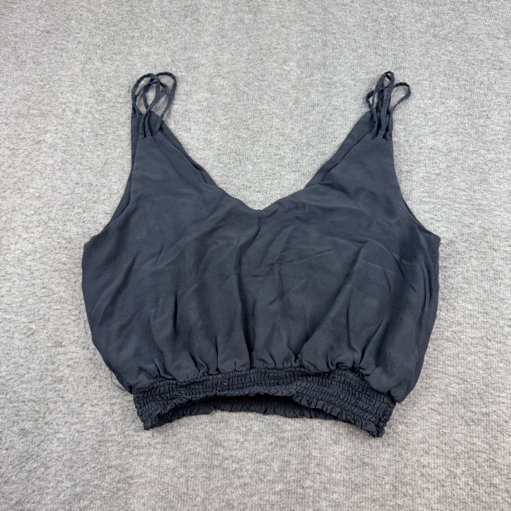 Free People Crop Tank Top Womens M Black Smocked Hem Multi Strap V-Neck OB488176